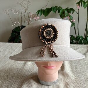 Elegant Beige Wool Beaded Women's Hat